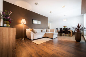 Finished open plan interior with fresh paint and trim work completed